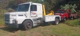 Guincho tipo plataforma branco estacionado em área verde, com um caminhão vermelho sendo transportado em Taubaté.