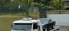 Guincho plataforma transportando um carro clássico azul em Rio do Sul, com fundo de gramado e cercas.