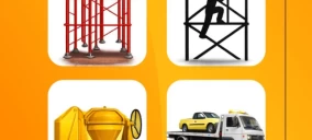 Imagem com ícones ilustrativos: andaimes vermelhos, figura de trabalhador em andaime, betoneira amarela e guincho com carro amarelo na