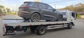 Guincho plataforma transportando um veículo cinza, estacionado em Ibiúna.