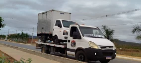 Guincho plataforma transportando uma van branca em Utinga, estacionado na rua com vegetação ao fundo.